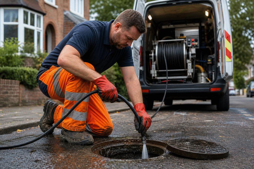 Drain cleaning engineer jet washing blocked manhole outside home