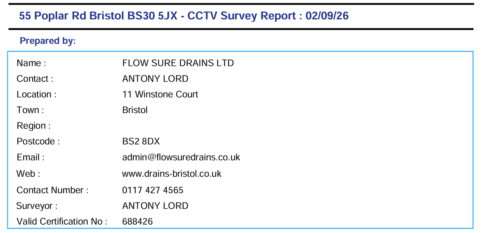 Example CCTV drain survey report produced by Flow Sure Drains