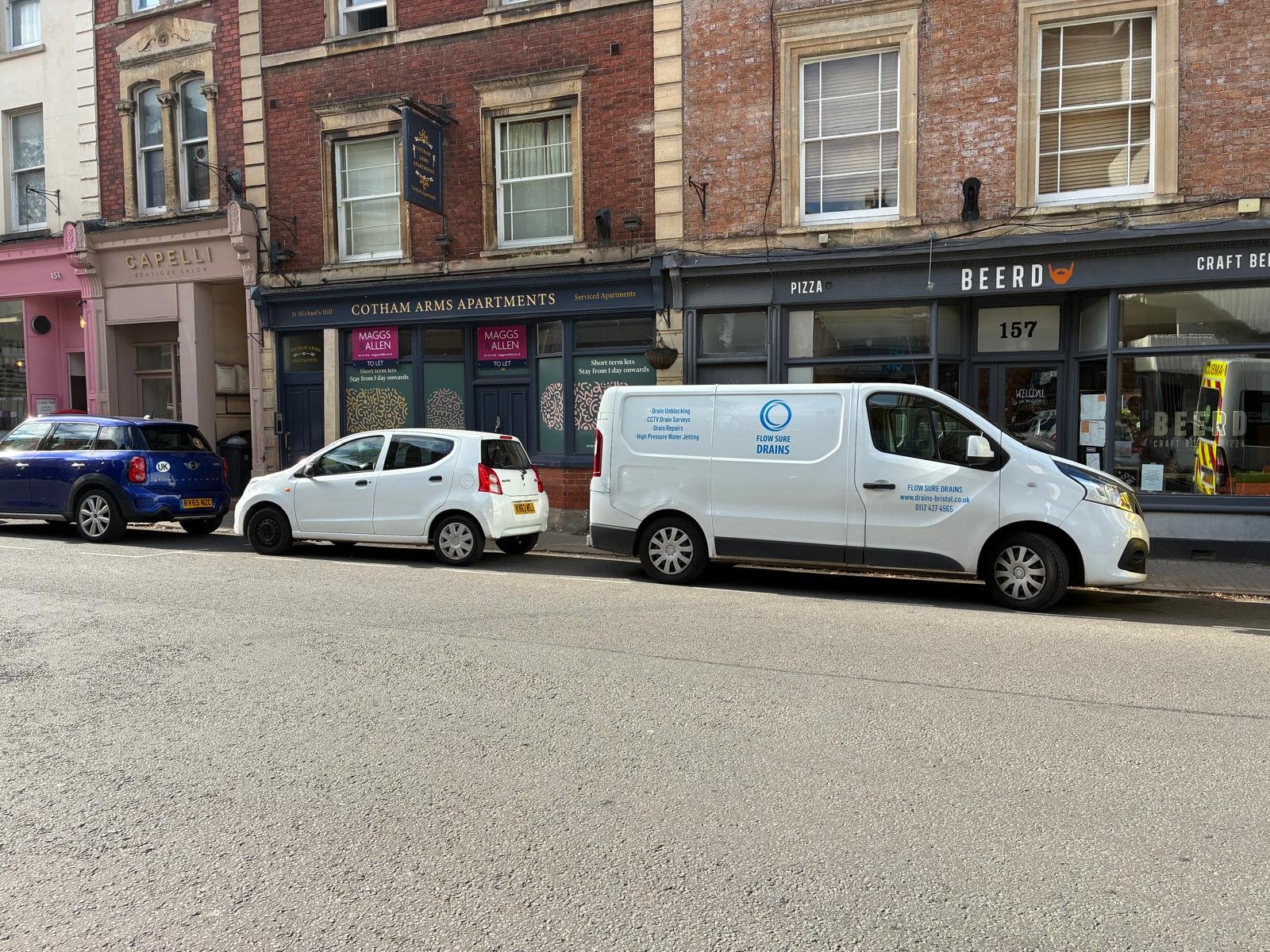 Flow Sure Drains van outside a commercial premises in Bristol